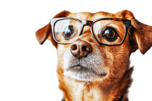 Adorable brown dog with glasses looking at camera, cut out transparent png