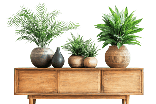 Potted indoor plants arrangement on wooden cabinet, cut out transparent png