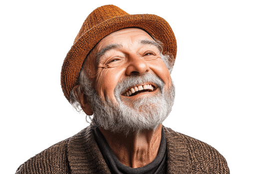 Senior man in hat laughing joyfully, showing teeth, cut out transparent png