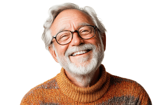Smiling senior man portrait with beard and glasses, cut out transparent png