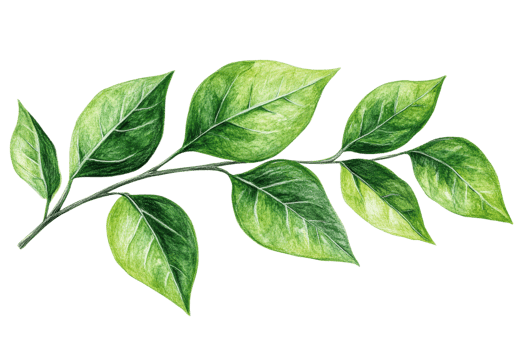 Sprig with fresh green leaves, botanical drawing, illustration, cut out transparent png
