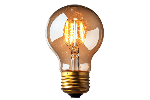 Vintage Edison Light Bulb, Glowing Filament Detail, cut out transparent png