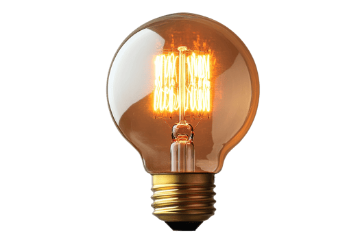Glowing incandescent lightbulb with spiral filament on black, cut out transparent png