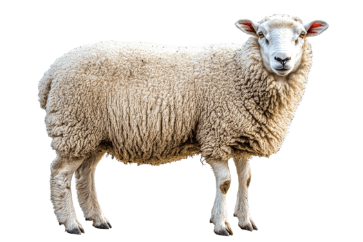 White sheep isolated on black backdrop, fluffy wool texture, livestock, cut out transparent png