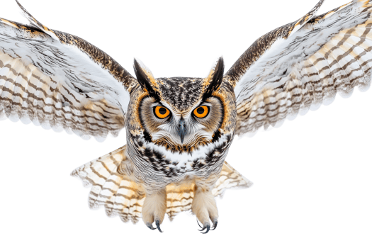 Majestic owl in flight with spread wings, amber eyes, cut out transparent png