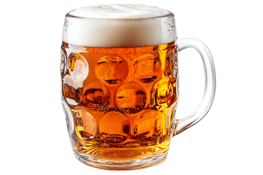 German beer mug filled with foamy beverage, cut out transparent png
