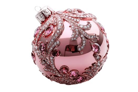 Pink Christmas ball decorated with jewels, crystals, ornaments, cut out transparent png