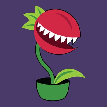 Cartoon carnivorous plant, Venus flytrap inspired, red bulb with sharp teeth, green stem and leaves vector