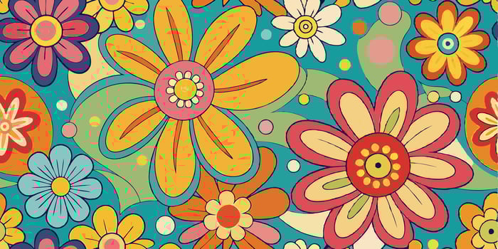 Colorful retro flower pattern, vibrant floral design, 1960s inspired, psychedelic art, bold colors, yellow and pink daisies vector