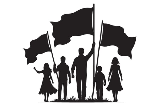 Group of people holding flags silhouette illustration vector