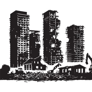 Demolished buildings destruction ruins silhouette illustration template vector