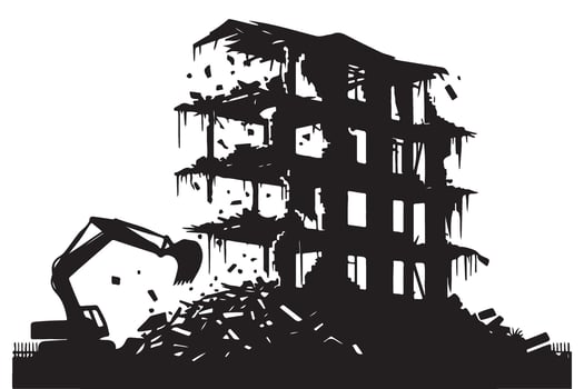 Silhouette Construction Demolition with Excavator Ruining Building Detailed vector