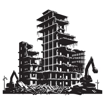Building Under Demolition Silhouette with Heavy Machinery Illustration vector