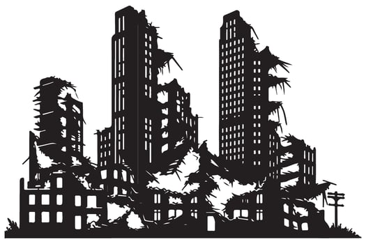 Silhouette of Ruined Cityscape Destruction and Devastation after War vector