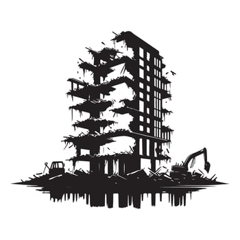 Silhouette of Demolished Building with Excavators Disaster and Ruins vector