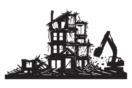 House demolition silhouette illustration showcasing urban redevelopment construction vector