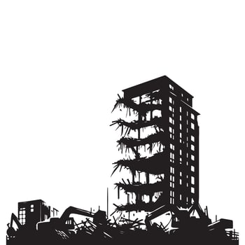Demolished building silhouette with heavy equipment construction breakdown vector