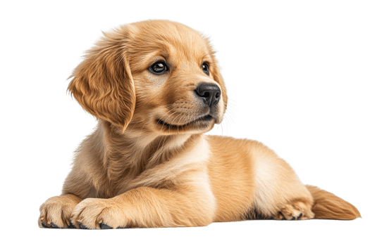 Cute Golden Retriever puppy poses, laying down, looking, cut out transparent png