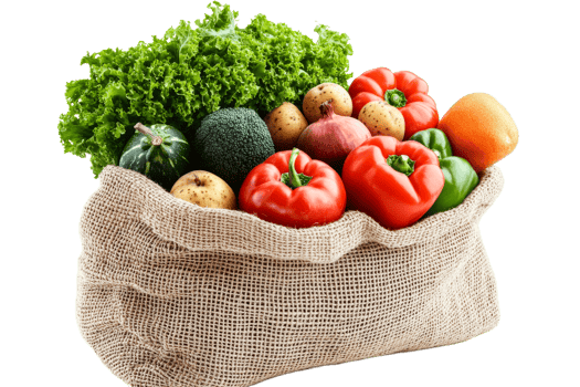 Abundant burlap sack filled fresh vegetables, vivid colors, cut out transparent png