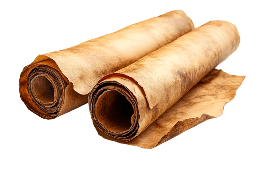 Ancient-looking paper scrolls, vintage manuscript rolls, archival documents, cut out transparent png