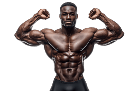 Bodybuilder with bulging muscles flexing for show, cut out transparent png
