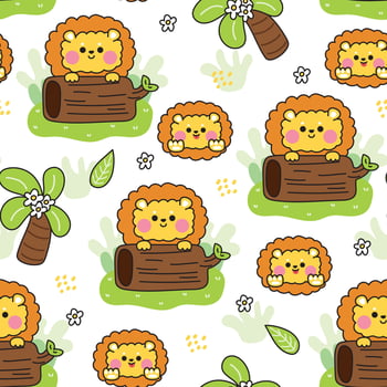 Seamless pattern of cute lion stay behind log wood on grass background.Jungle.Flower,leaf,tree.Wild animal character cartoon design.Kawaii.Illustration. vector