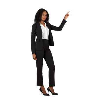 Professional woman in business suit pointing at virtual screen in office setting demonstrating confidence and leadership png
