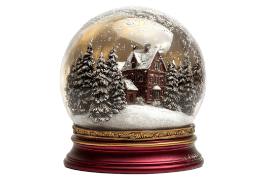 Winter Snow Globe Scene with House and Trees, cut out transparent png