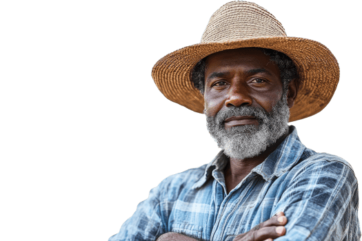 Mature farmer in straw hat portrait, cheerful expression, cut out transparent png