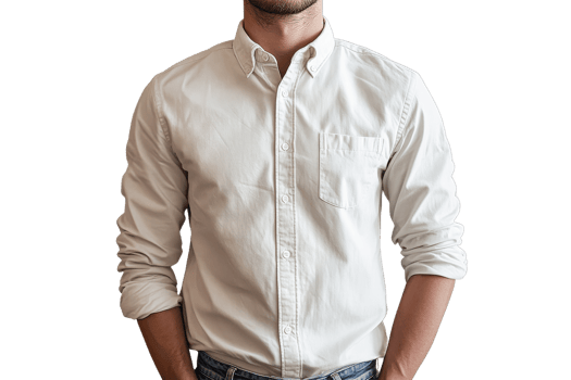 Man in unbuttoned white shirt on black, modern style, cut out transparent png