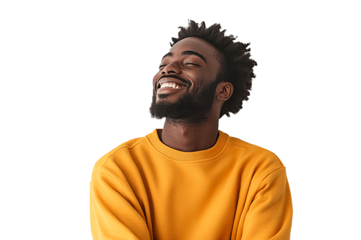 Joyful african man smiling brightly, eyes closed, yellow top, cut out transparent png
