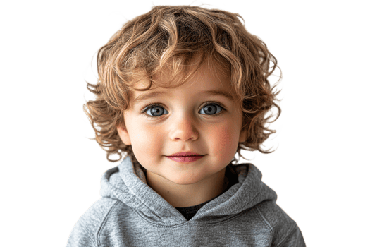 Cute child portrait with curly hair and blue eyes, cut out transparent png