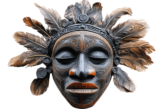 African tribal mask sculpture with feathers headdress, cut out transparent png
