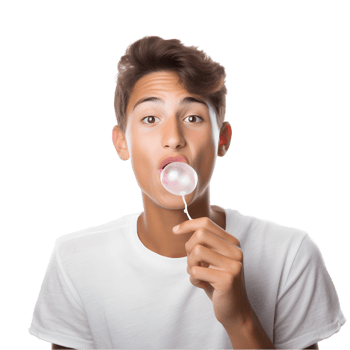 Teenager blowing bubble with chewing gum urban setting portrait style fun environment close-up view youthful expression png