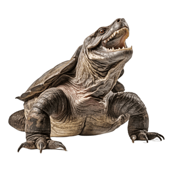 A snapping turtle showcasing its powerful jaw in a natural habitat close-up view wildlife photography png