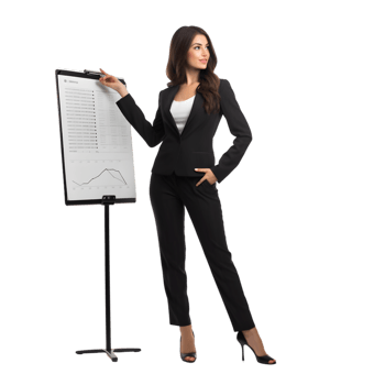 Business presentation a woman in a suit pointing at a virtual chart in a modern office environment png