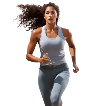 Woman jogging midstride in athletic wear urban park action shot outdoor environment dynamic viewpoint fitness journey png