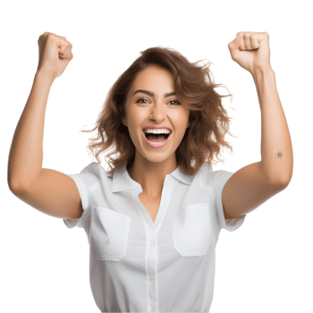 Woman celebrating victory with fist raised in joy city park portrait daytime empowerment png