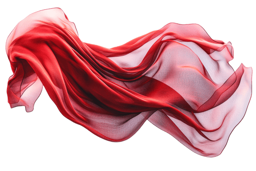 Elegant, flowing red silk fabric floats in air, dynamic movement, cut out transparent png