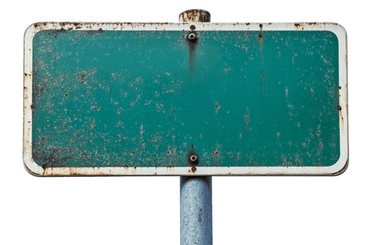 Old Green Blank Road Sign, weathered and textured in studio, cut out transparent png