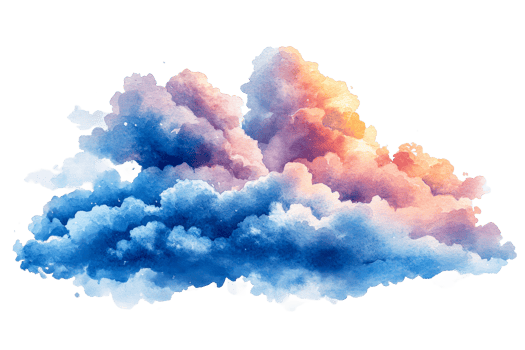 Watercolor cloud painting in bright blue and orange colors, cut out transparent png