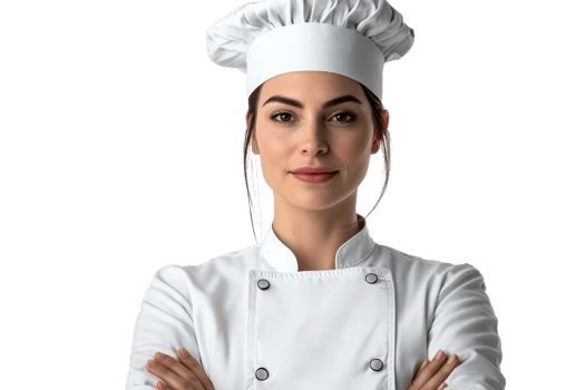 Portrait of a female chef wearing a white uniform, cut out transparent png
