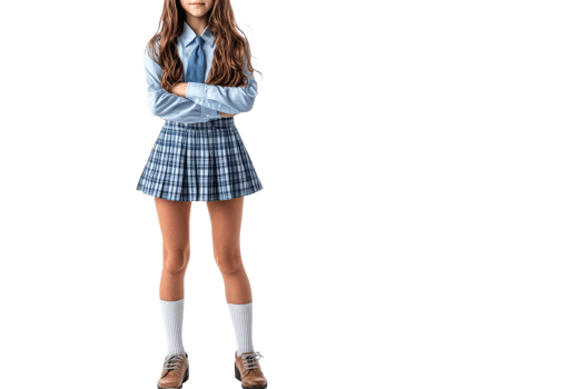 Young female student posing in uniform, cut out transparent png