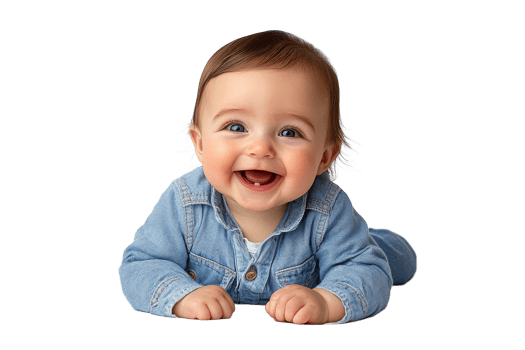 Happy baby in denim shirt smiling, cut out transparent png