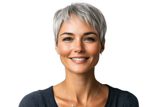 Portrait of stylish, older woman with short hair smiling, cut out transparent png