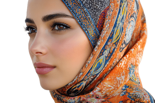 Woman with bright makeup and patterned hijab, cut out transparent png