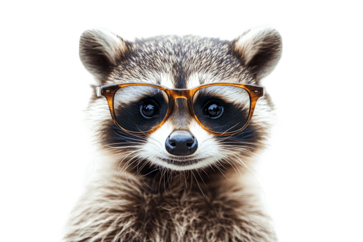 Raccoon with glasses and a charming look, portrait animal, cut out transparent png