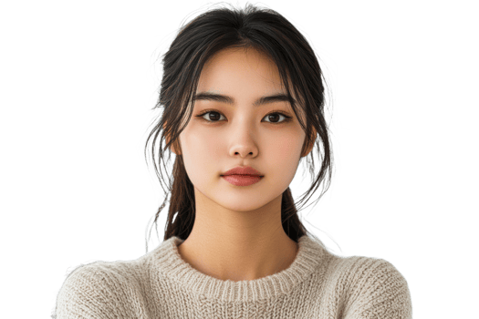 Portrait of a young woman with brown hair in sweater, cut out transparent png