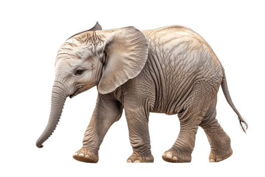 Small light elephant walking on black background, cut out transparent png