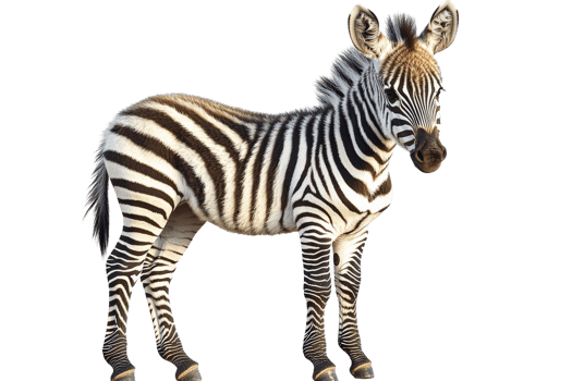 Young zebra portrait on black background, cut out transparent png